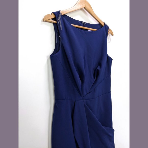 JS Collections Size 6 Boat Neck Sleeveless Faux Wrap Midi Sheath Dress in Navy - Picture 2 of 7